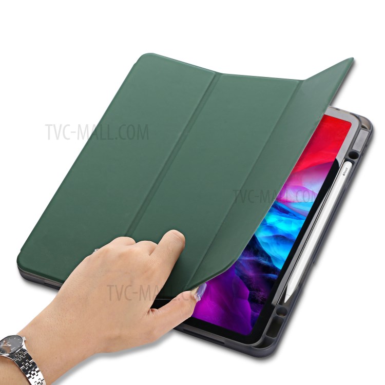 Tri-fold Stand Smart Leather Soft Case with Pencil Storage Groove for iPad Pro 12.9-inch (2020)/(2018) - Dark Green-7