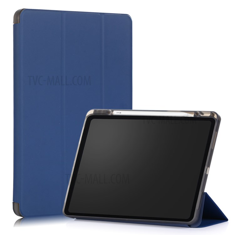 Tri-fold Stand Smart Leather Soft Case with Pencil Storage Groove for iPad Pro 12.9-inch (2020)/(2018) - Dark Blue-1