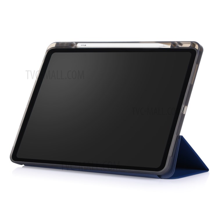 Tri-fold Stand Smart Leather Soft Case with Pencil Storage Groove for iPad Pro 12.9-inch (2020)/(2018) - Dark Blue-4