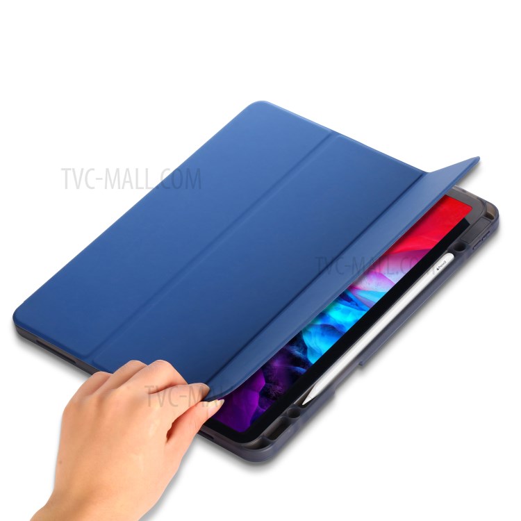 Tri-fold Stand Smart Leather Soft Case with Pencil Storage Groove for iPad Pro 12.9-inch (2020)/(2018) - Dark Blue-7
