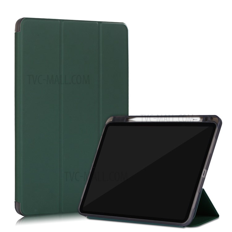 Tri-fold Stand Smart Leather Soft Case Shell with Pencil Storage Groove for iPad Pro 11-inch (2020)/(2018) - Dark Green-1