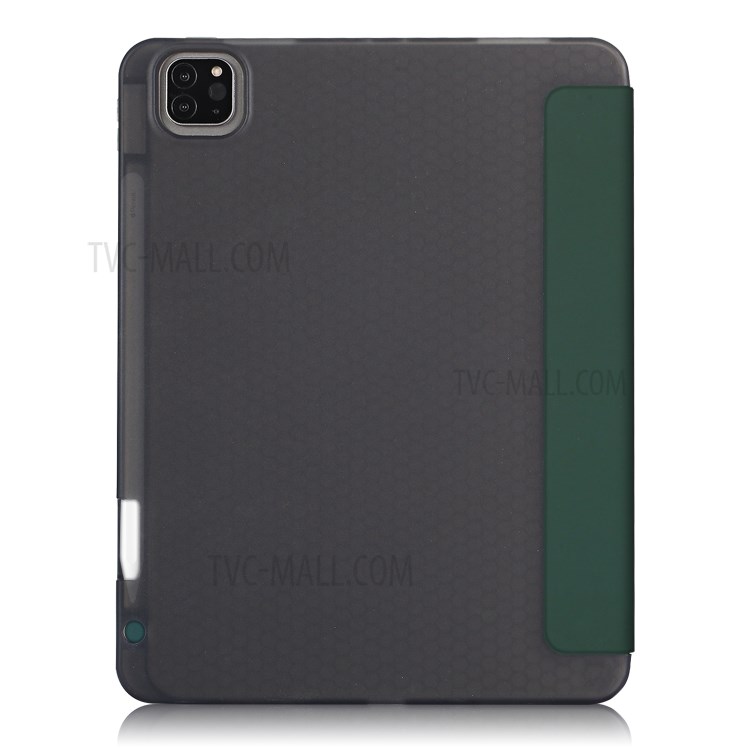 Tri-fold Stand Smart Leather Soft Case Shell with Pencil Storage Groove for iPad Pro 11-inch (2020)/(2018) - Dark Green-3