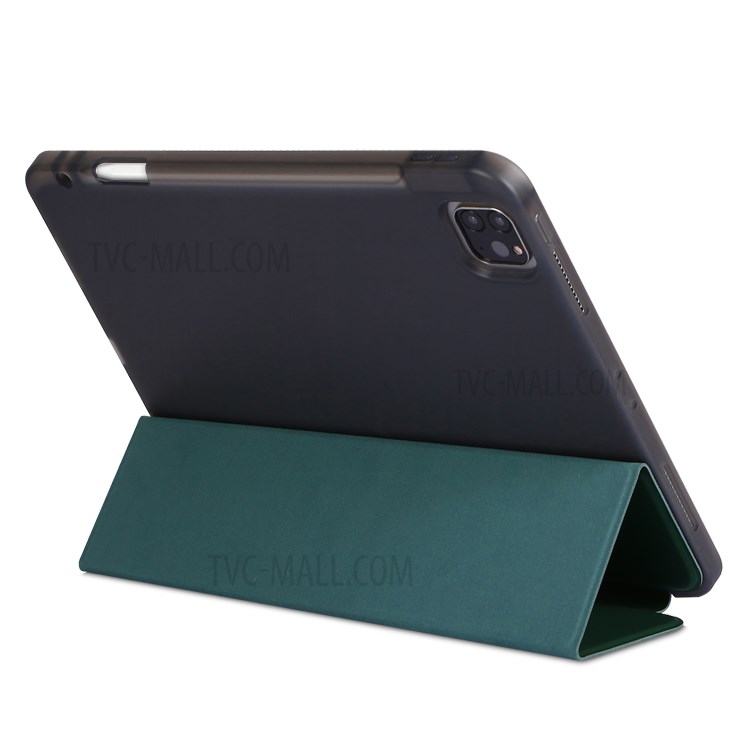 Tri-fold Stand Smart Leather Soft Case Shell with Pencil Storage Groove for iPad Pro 11-inch (2020)/(2018) - Dark Green-5