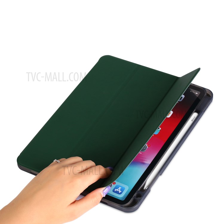 Tri-fold Stand Smart Leather Soft Case Shell with Pencil Storage Groove for iPad Pro 11-inch (2020)/(2018) - Dark Green-7