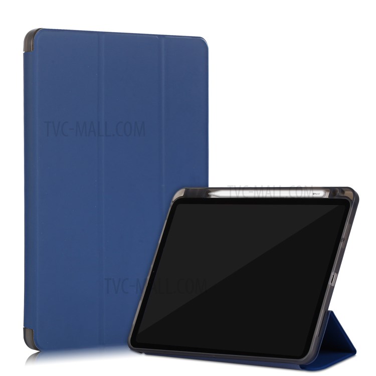 Tri-fold Stand Smart Leather Soft Case Shell with Pencil Storage Groove for iPad Pro 11-inch (2020)/(2018) - Dark Blue-1