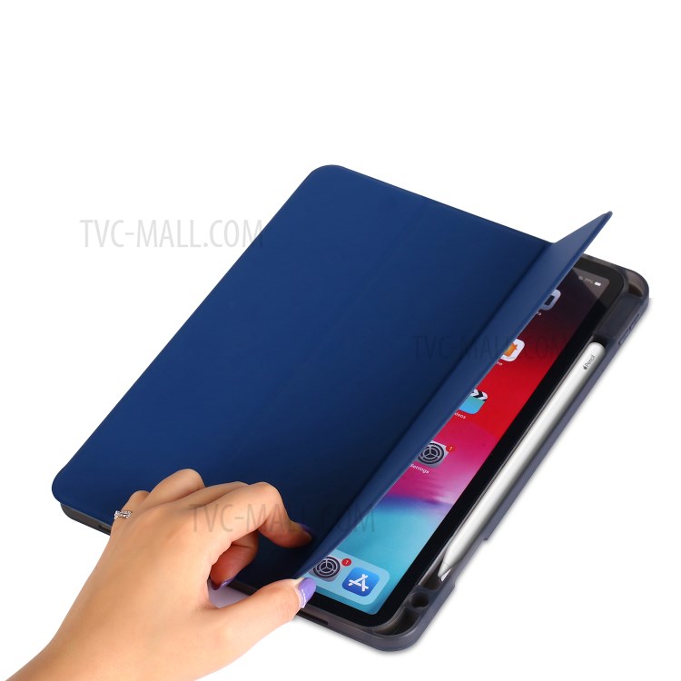 Tri-fold Stand Smart Leather Soft Case Shell with Pencil Storage Groove for iPad Pro 11-inch (2020)/(2018) - Dark Blue-7