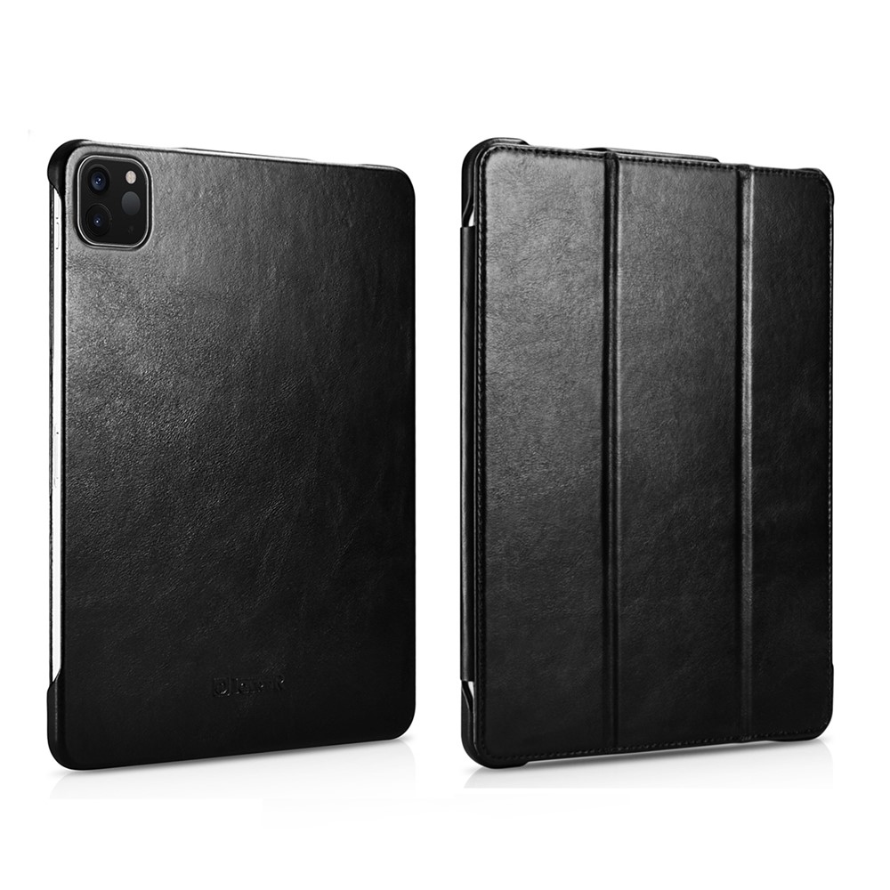 ICARER Rétro Shell Intelligent Étui En Cuir Véritable À Trois Volets Pour IPad Pro 12,9 Pouces (2020) / (2018) - Noir-1
