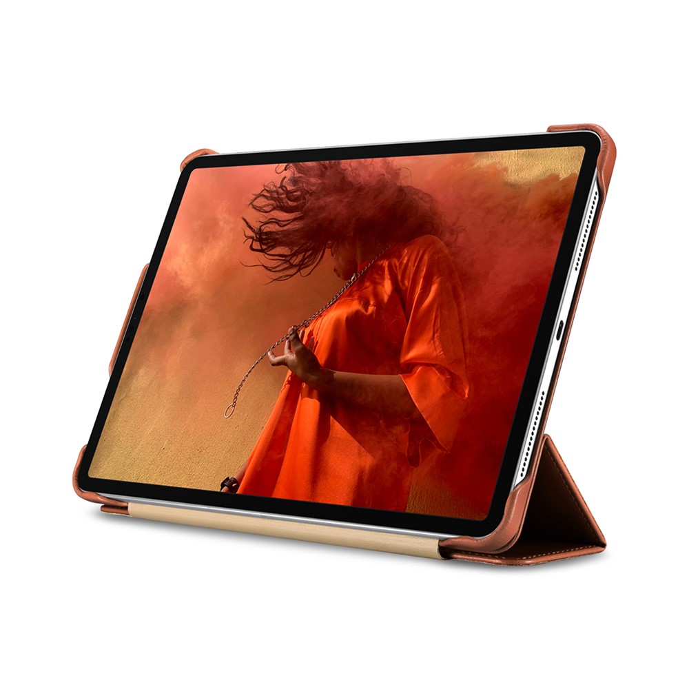 ICARER Retro Tri-fold Genuine Leather Smart Case Shell for iPad Pro 12.9-inch (2020)/(2018) - Brown-16