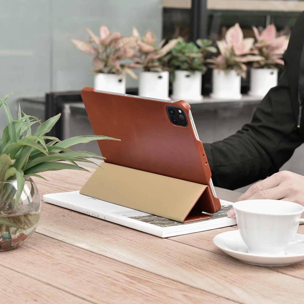 ICARER Retro Tri-fold Genuine Leather Smart Case Shell for iPad Pro 12.9-inch (2020)/(2018) - Brown-17