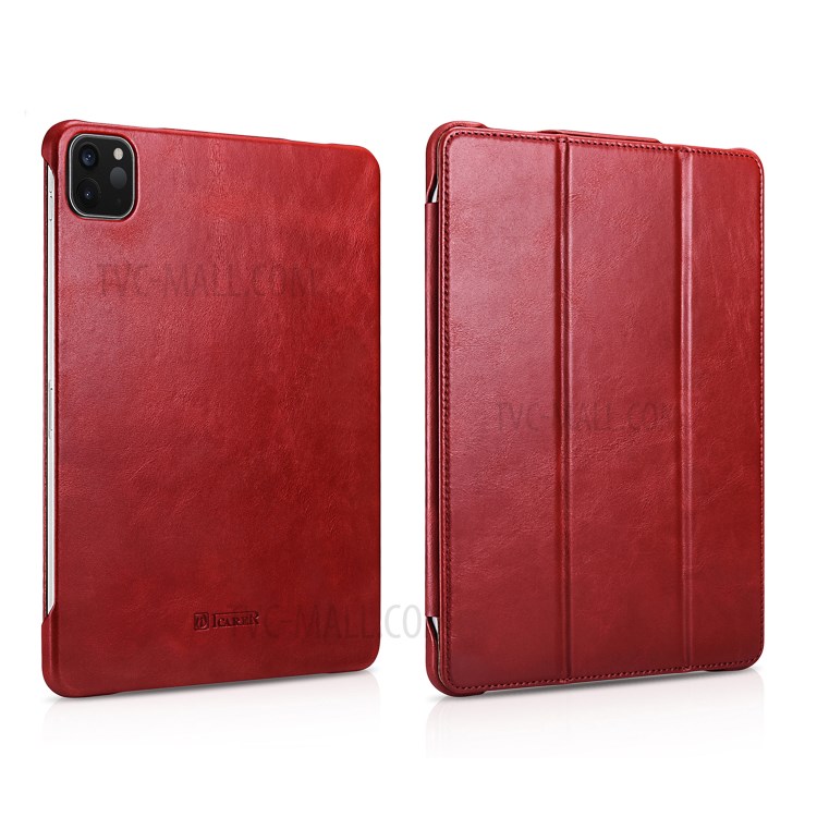 ICARER Retro Tri-fold Genuine Leather Smart Case Cover for iPad Pro 11-inch (2020)/(2018) - Red-1