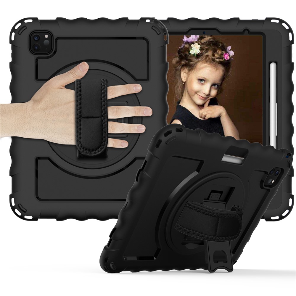 360° Swivel Handy Strap Kickstand PC Silicone Tablet Shell with Shoulder Strap for iPad Pro 11-inch (2020)/(2018) - All Black-1