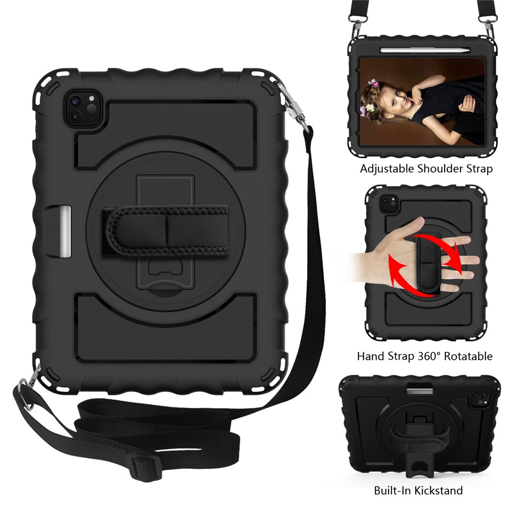 360° Swivel Handy Strap Kickstand PC Silicone Tablet Shell with Shoulder Strap for iPad Pro 11-inch (2020)/(2018) - All Black-2
