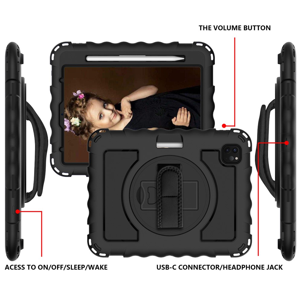 360° Swivel Handy Strap Kickstand PC Silicone Tablet Shell with Shoulder Strap for iPad Pro 11-inch (2020)/(2018) - All Black-3