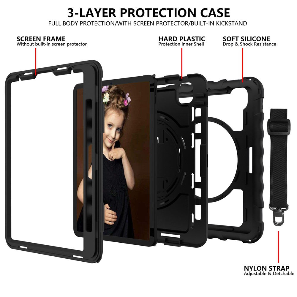 360° Swivel Handy Strap Kickstand PC Silicone Tablet Shell with Shoulder Strap for iPad Pro 11-inch (2020)/(2018) - All Black-4