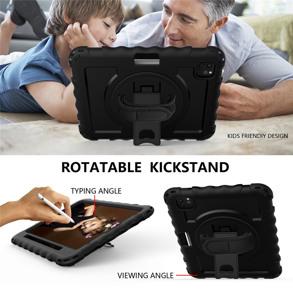 360° Swivel Handy Strap Kickstand PC Silicone Tablet Shell with Shoulder Strap for iPad Pro 11-inch (2020)/(2018) - All Black-6