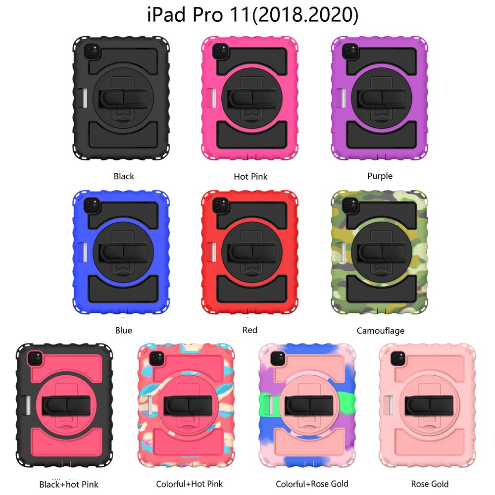 360° Swivel Handy Strap Kickstand PC Silicone Tablet Shell with Shoulder Strap for iPad Pro 11-inch (2020)/(2018) - All Black-8