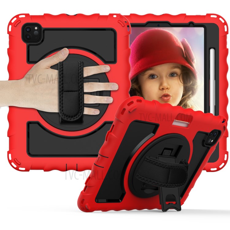 360° Swivel Handy Strap Kickstand PC Silicone Tablet Shell with Shoulder Strap for iPad Pro 11-inch (2020)/(2018) - Red Frame/Black-1