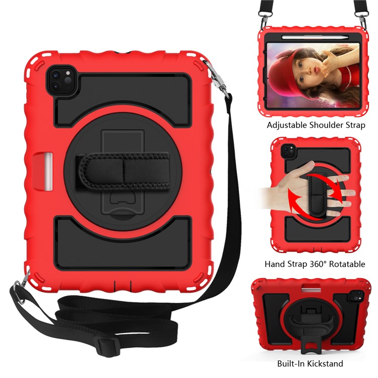 360° Swivel Handy Strap Kickstand PC Silicone Tablet Shell with Shoulder Strap for iPad Pro 11-inch (2020)/(2018) - Red Frame/Black-2