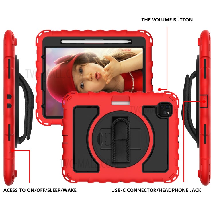360° Swivel Handy Strap Kickstand PC Silicone Tablet Shell with Shoulder Strap for iPad Pro 11-inch (2020)/(2018) - Red Frame/Black-3