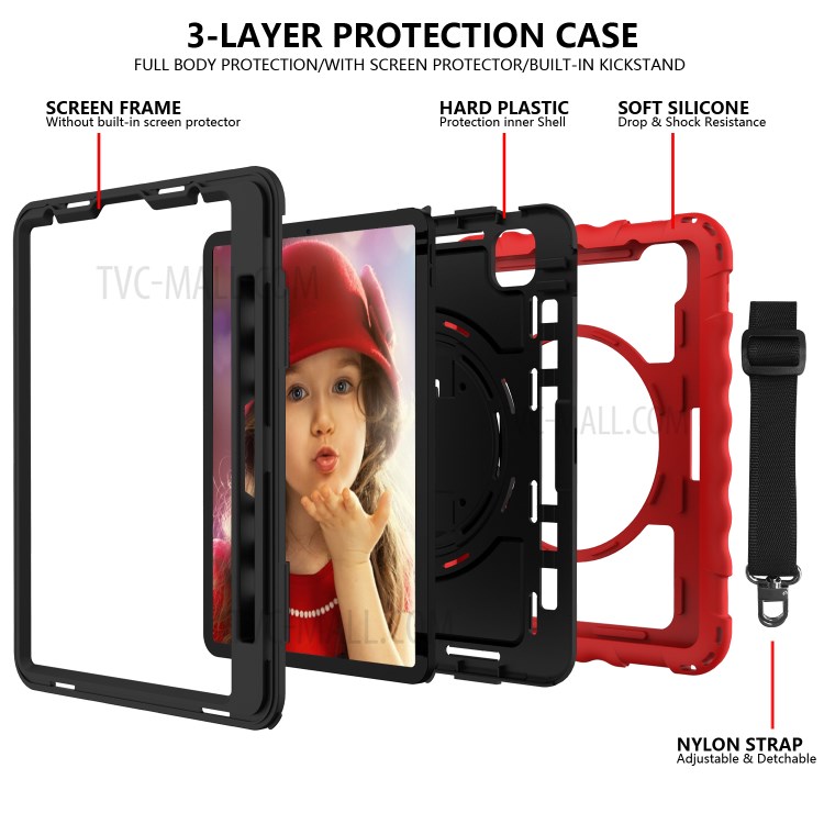 360° Swivel Handy Strap Kickstand PC Silicone Tablet Shell with Shoulder Strap for iPad Pro 11-inch (2020)/(2018) - Red Frame/Black-4