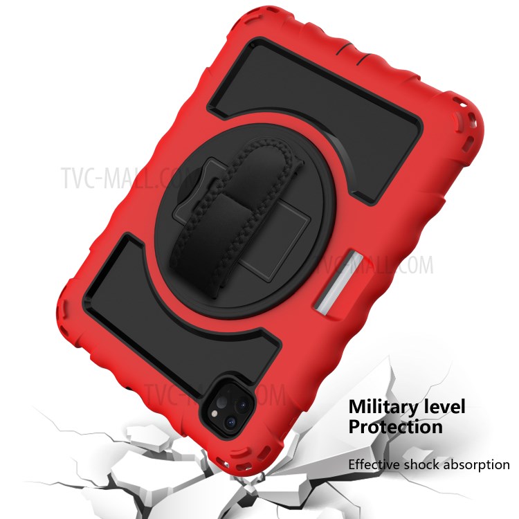 360° Swivel Handy Strap Kickstand PC Silicone Tablet Shell with Shoulder Strap for iPad Pro 11-inch (2020)/(2018) - Red Frame/Black-5