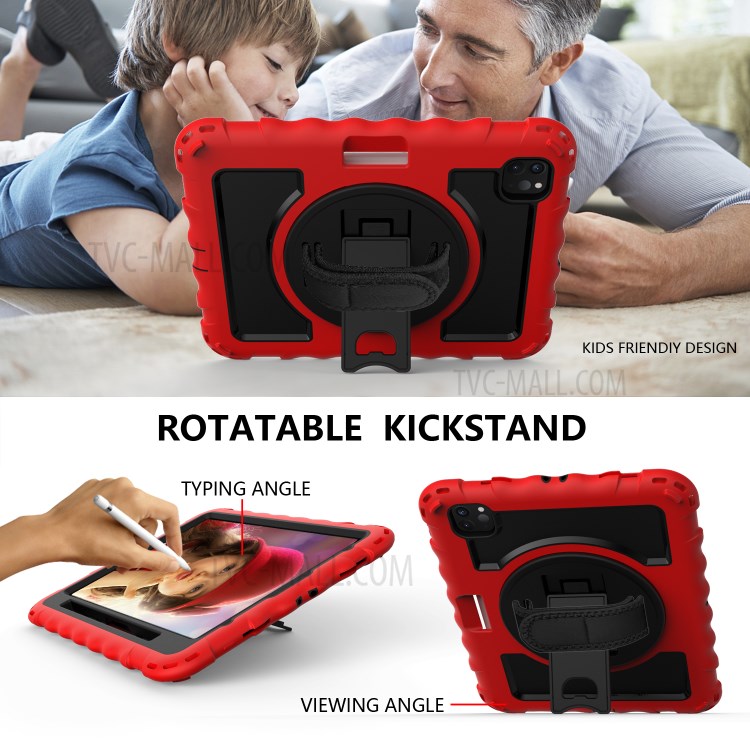 360° Swivel Handy Strap Kickstand PC Silicone Tablet Shell with Shoulder Strap for iPad Pro 11-inch (2020)/(2018) - Red Frame/Black-6