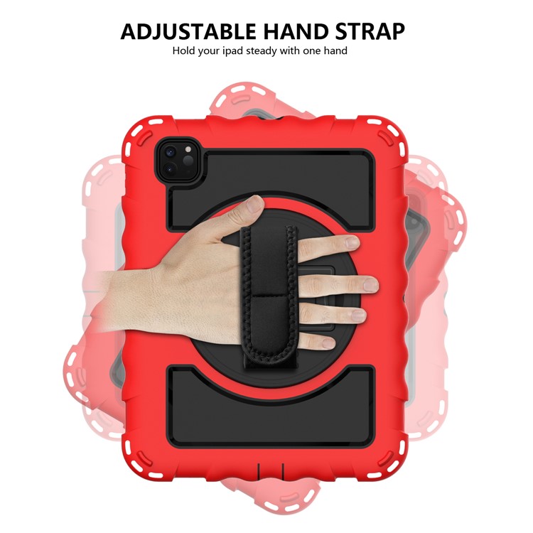 360° Swivel Handy Strap Kickstand PC Silicone Tablet Shell with Shoulder Strap for iPad Pro 11-inch (2020)/(2018) - Red Frame/Black-7