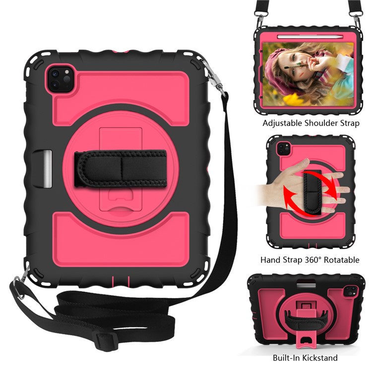 360° Swivel Handy Strap Kickstand PC Silicone Tablet Shell with Shoulder Strap for iPad Pro 11-inch (2020)/(2018) - Black Frame/Red-2