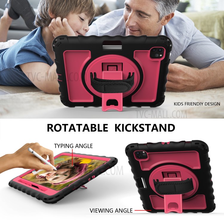 360° Swivel Handy Strap Kickstand PC Silicone Tablet Shell with Shoulder Strap for iPad Pro 11-inch (2020)/(2018) - Black Frame/Red-6