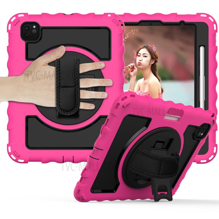 360° Swivel Handy Strap Kickstand PC Silicone Tablet Shell with Shoulder Strap for iPad Pro 11-inch (2020)/(2018) - Rose Frame/Black-1
