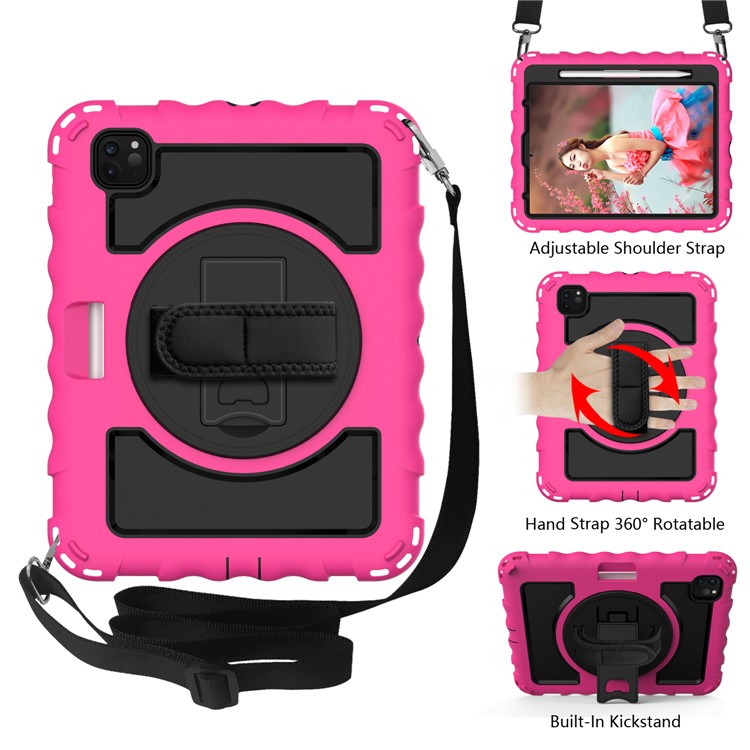 360° Swivel Handy Strap Kickstand PC Silicone Tablet Shell with Shoulder Strap for iPad Pro 11-inch (2020)/(2018) - Rose Frame/Black-2