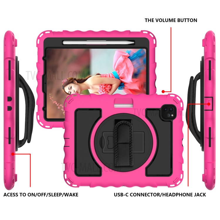 360° Swivel Handy Strap Kickstand PC Silicone Tablet Shell with Shoulder Strap for iPad Pro 11-inch (2020)/(2018) - Rose Frame/Black-3