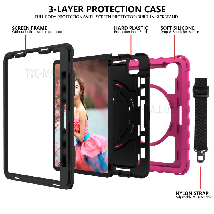 360° Swivel Handy Strap Kickstand PC Silicone Tablet Shell with Shoulder Strap for iPad Pro 11-inch (2020)/(2018) - Rose Frame/Black-4