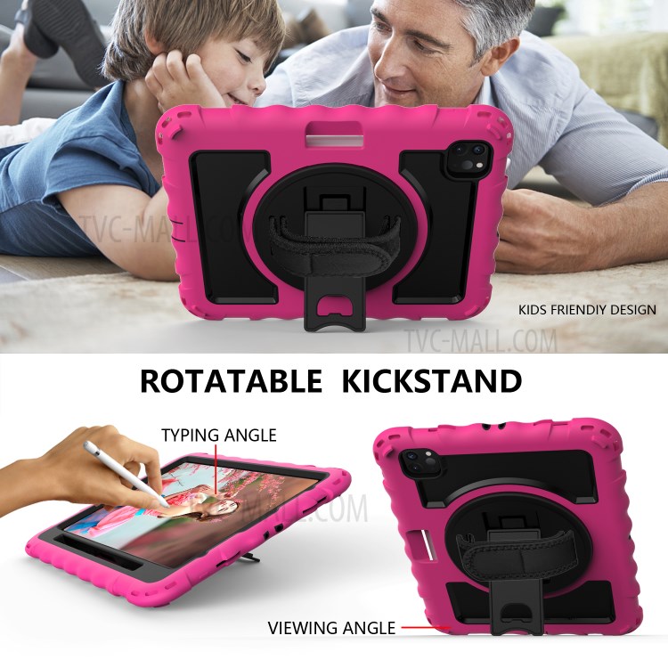360° Swivel Handy Strap Kickstand PC Silicone Tablet Shell with Shoulder Strap for iPad Pro 11-inch (2020)/(2018) - Rose Frame/Black-6