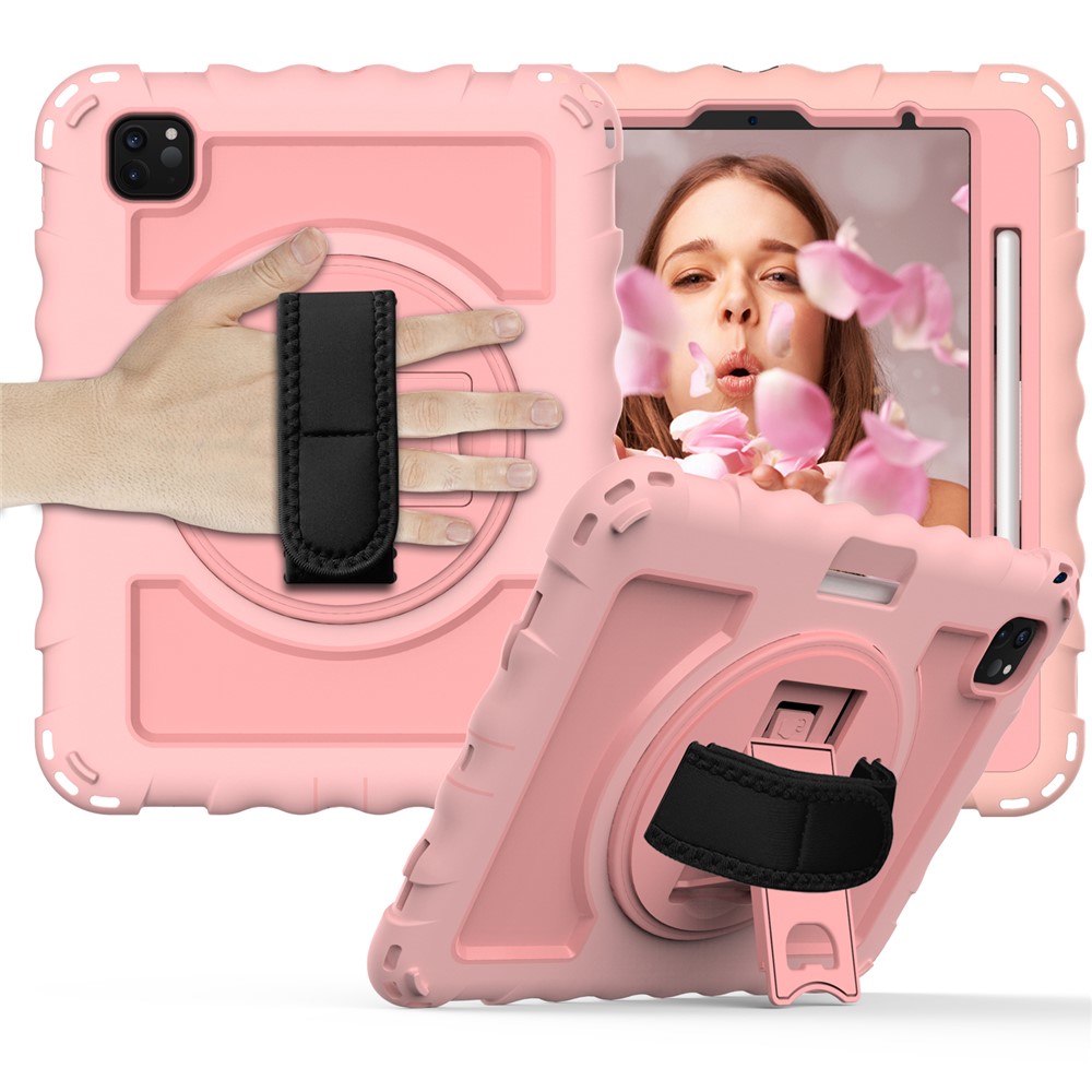360° Swivel Handy Strap Kickstand PC Silicone Tablet Shell with Shoulder Strap for iPad Pro 11-inch (2020)/(2018) - Pink-1