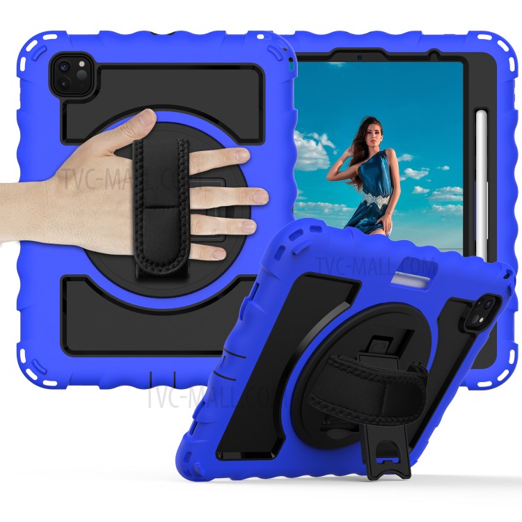 360° Swivel Handy Strap Kickstand PC Silicone Tablet Shell with Shoulder Strap for iPad Pro 11-inch (2020)/(2018) - Blue Frame/Black-1
