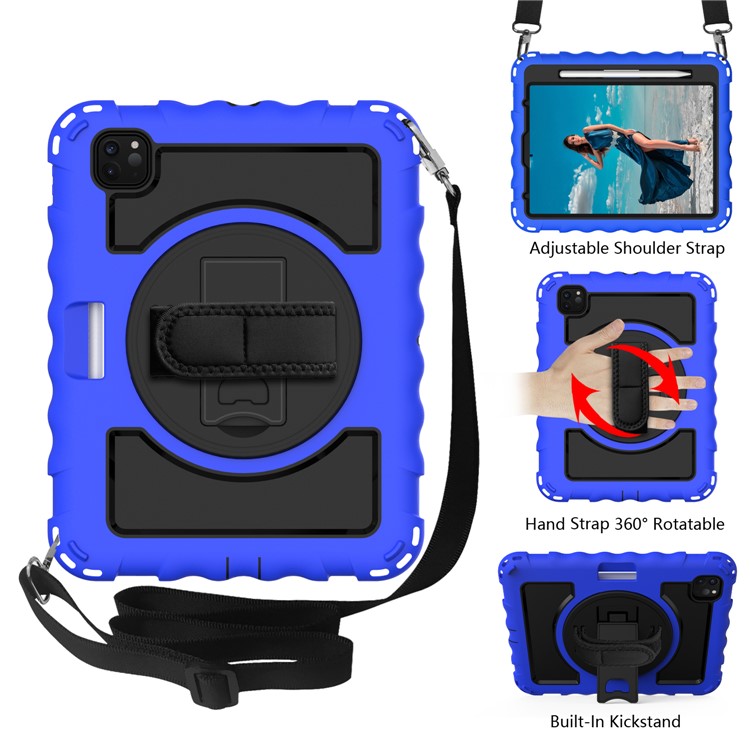 360° Swivel Handy Strap Kickstand PC Silicone Tablet Shell with Shoulder Strap for iPad Pro 11-inch (2020)/(2018) - Blue Frame/Black-2