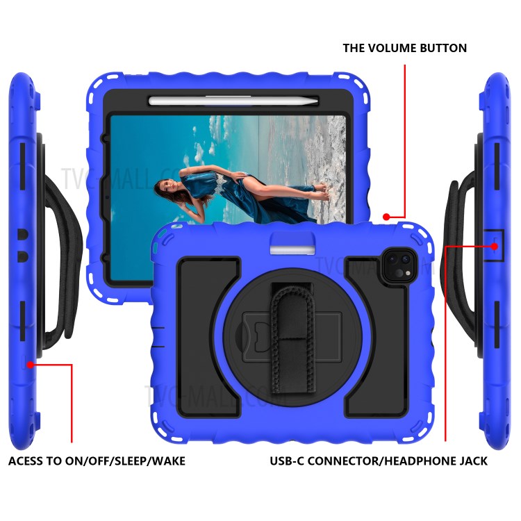 360° Swivel Handy Strap Kickstand PC Silicone Tablet Shell with Shoulder Strap for iPad Pro 11-inch (2020)/(2018) - Blue Frame/Black-3