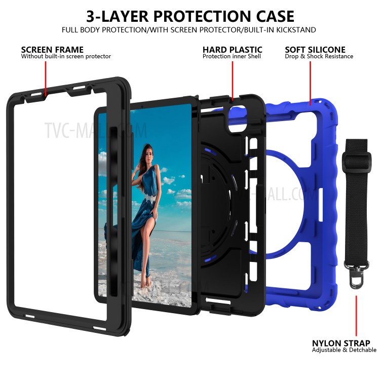 360° Swivel Handy Strap Kickstand PC Silicone Tablet Shell with Shoulder Strap for iPad Pro 11-inch (2020)/(2018) - Blue Frame/Black-4