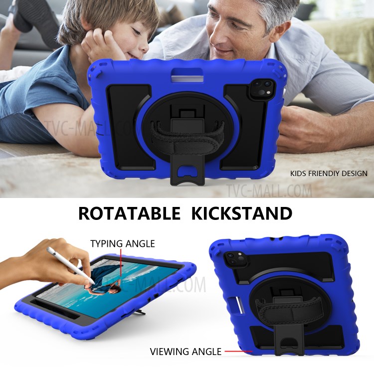 360° Swivel Handy Strap Kickstand PC Silicone Tablet Shell with Shoulder Strap for iPad Pro 11-inch (2020)/(2018) - Blue Frame/Black-6