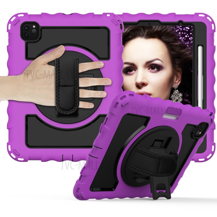 360° Swivel Handy Strap Kickstand PC Silicone Tablet Shell with Shoulder Strap for iPad Pro 11-inch (2020)/(2018) - Purple Frame/Black-1