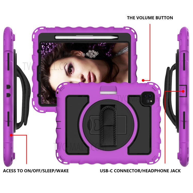 360° Swivel Handy Strap Kickstand PC Silicone Tablet Shell with Shoulder Strap for iPad Pro 11-inch (2020)/(2018) - Purple Frame/Black-3
