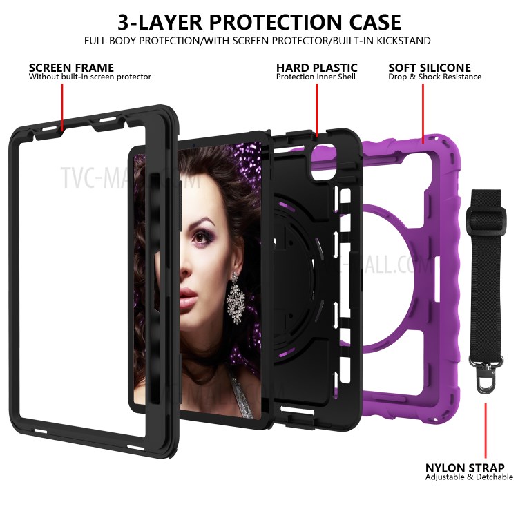 360° Swivel Handy Strap Kickstand PC Silicone Tablet Shell with Shoulder Strap for iPad Pro 11-inch (2020)/(2018) - Purple Frame/Black-4