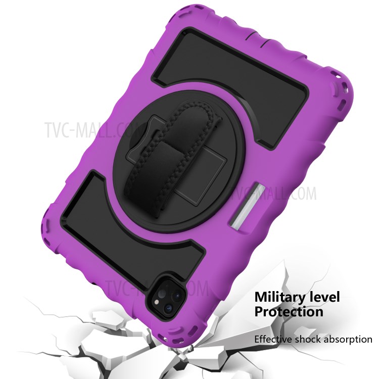 360° Swivel Handy Strap Kickstand PC Silicone Tablet Shell with Shoulder Strap for iPad Pro 11-inch (2020)/(2018) - Purple Frame/Black-5