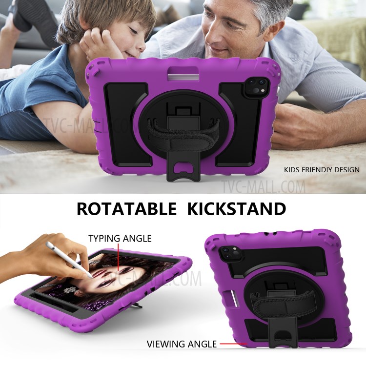 360° Swivel Handy Strap Kickstand PC Silicone Tablet Shell with Shoulder Strap for iPad Pro 11-inch (2020)/(2018) - Purple Frame/Black-6