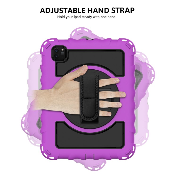 360° Swivel Handy Strap Kickstand PC Silicone Tablet Shell with Shoulder Strap for iPad Pro 11-inch (2020)/(2018) - Purple Frame/Black-7