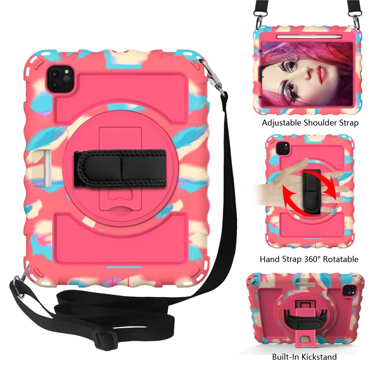 360° Swivel Handy Strap Kickstand PC Silicone Tablet Shell with Shoulder Strap for iPad Pro 11-inch (2020)/(2018) - Camouflage Frame/Red-2