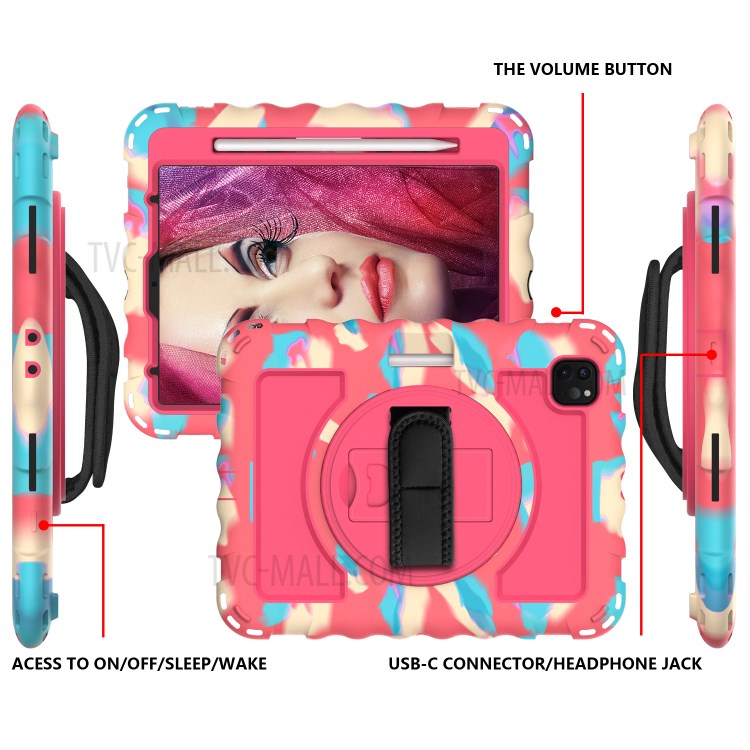 360° Swivel Handy Strap Kickstand PC Silicone Tablet Shell with Shoulder Strap for iPad Pro 11-inch (2020)/(2018) - Camouflage Frame/Red-3