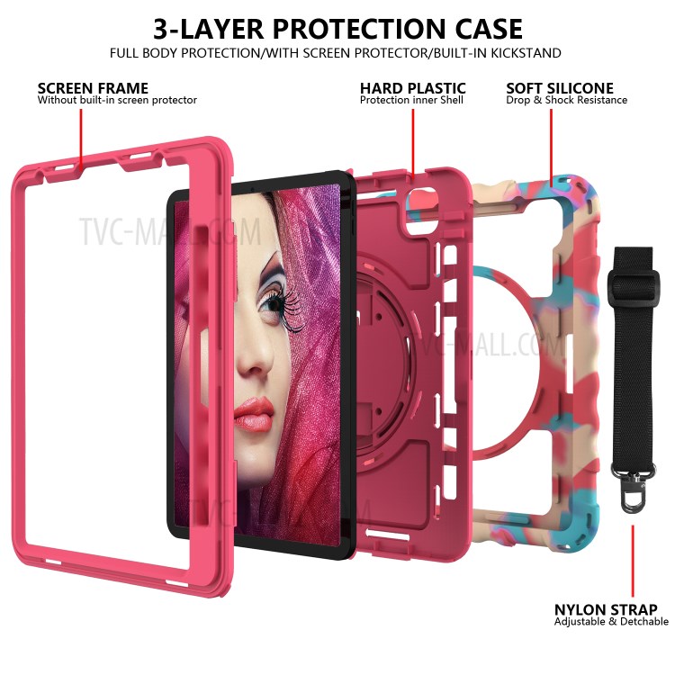 360° Swivel Handy Strap Kickstand PC Silicone Tablet Shell with Shoulder Strap for iPad Pro 11-inch (2020)/(2018) - Camouflage Frame/Red-4