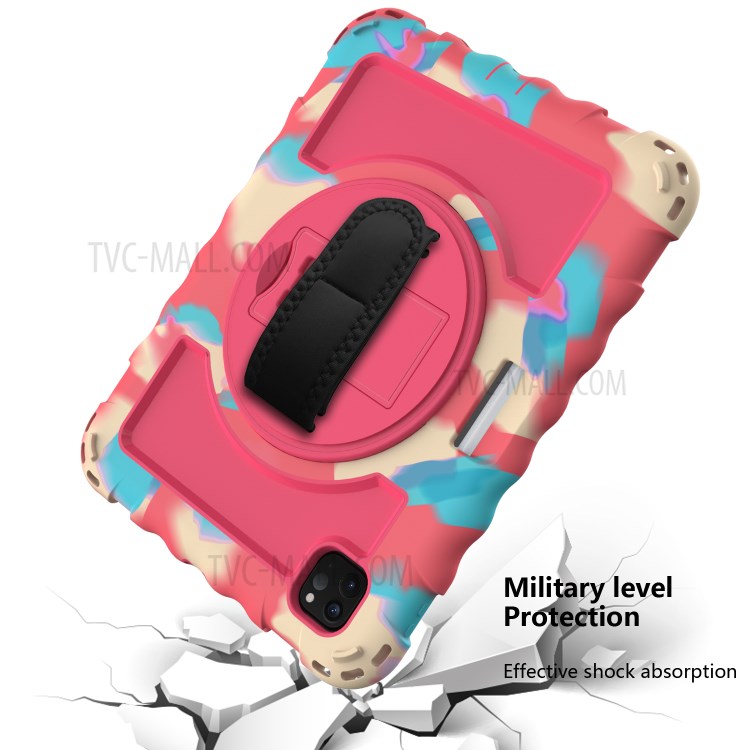 360° Swivel Handy Strap Kickstand PC Silicone Tablet Shell with Shoulder Strap for iPad Pro 11-inch (2020)/(2018) - Camouflage Frame/Red-5
